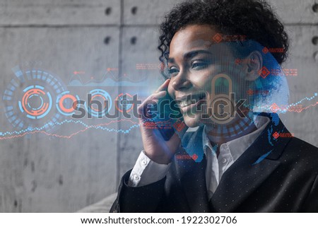 Businesswoman speaks phone and lock hologram. Double exposure. Security information protection concept.
