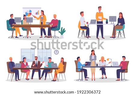 Office staff, work and communication. Head and subordinates. Various workers, managers team. Top managers employees of different levels. Office workers. Co-workers. Colleagues discuss project teamwork Royalty-Free Stock Photo #1922306372