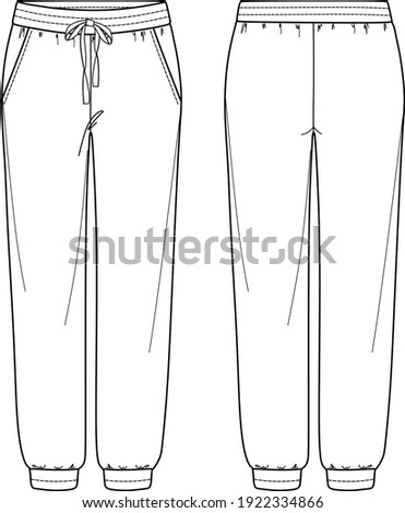 Vector unisex jogger fashion CAD, woman sweatpants with side pockets technical drawing, template, sketch, flat. Jersey or woven fabric trousers with front, back view, white color Royalty-Free Stock Photo #1922334866