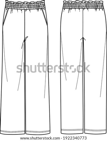 Vector wide leg pants technical drawing, loungewear paper bag pants with front pockets fashion CAD, straight legged jogger sketch, template Royalty-Free Stock Photo #1922340773