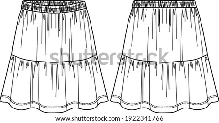 Vector flared mini skirt technical drawing, woman skirt with elasticized waistband fashion cad, sketch, template, mock up. Jersey or woven fabric skirt with front, back view, white color Royalty-Free Stock Photo #1922341766