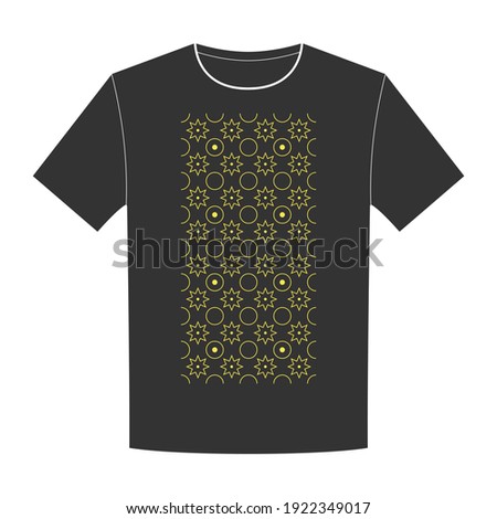 T-shirt design with black and yellow space geometric pattern.
