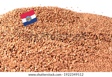 Missouri flag sticking in buckwheat grain. The concept of export and import of buckwheat