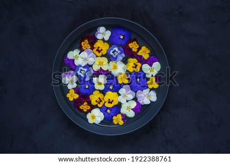 Top view of vintage plate with colorful pansies flowers on dark background.