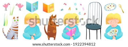 Children cartoon baby girl reading book with pets cat and dog, plate of food and spoon, chair. Cute colorful clipart infant activities objects collection. Hand drawn isolated cartoon.