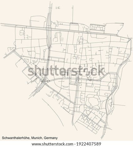 Black simple detailed street roads map on vintage beige background of the quarter Schwanthalerhöhe borough (Stadtbezirk) of Munich, Germany