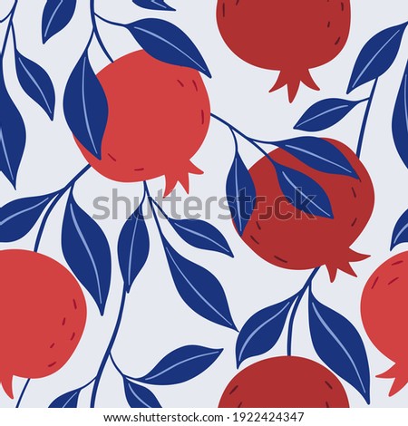 Colorful seamless pattern of hand drawn red pomegranate and leaves. Perfect for textile manufacturing wallpaper posters etc. Vector illustration Royalty-Free Stock Photo #1922424347
