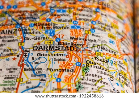 Darmstadt, Hesse state, Germany on a road map Royalty-Free Stock Photo #1922458616