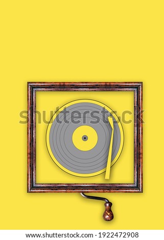 Vynil disc illustration with a vintage frame over the pantone of the year 2021 as background.