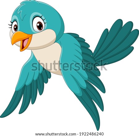 Cartoon funny bird flying isolated on white background