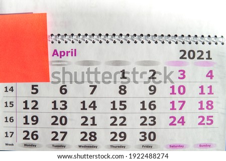 Calendar planner for April 2021, WITH STICKER FOR NOTES, tax time. Tax payment deadline.