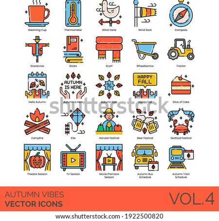 Autumn vibes icons including steaming cup, thermometer, wind vane, compass, scarecrow, book, scarf, wheelbarrow, tractor, sale, campfire, kite, harvest, festival, beer, movie premiere, train schedule.