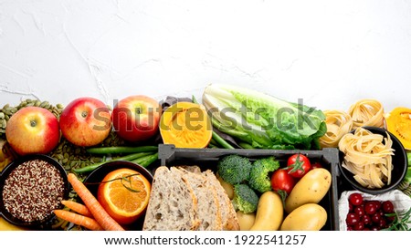 Best sources of carbs on light gray background. Healthy food concept. Top view, copy space