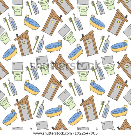 pattern seamless kids with bathroom doodle element. Seamless pattern with toothpaste and toothbrush. Hand drawn vector illustration, bathroom hand drawn colorful background. Kids theme.