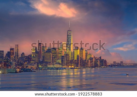 New York City skyline, cityscape of Manhattan in USA at sunset