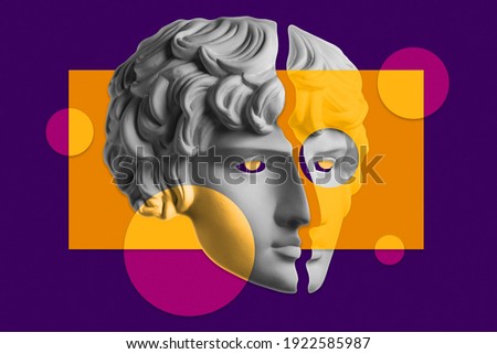 Collage with sculpture of human face in a pop art style. Modern creative concept image with ancient statue head. Zine culture. Contemporary art poster. Funky punk minimalism. Retro surreal design. Royalty-Free Stock Photo #1922585987