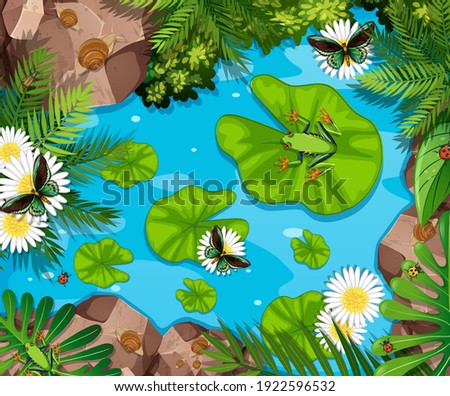 Aerial scene with frogs and lotus leaves in the pond illustration