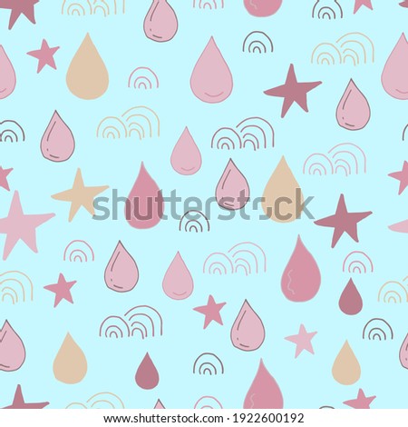 vector seamless pattern with drops, stars and rainbow colors dusty rose mauve and beige. Pastel blue backround