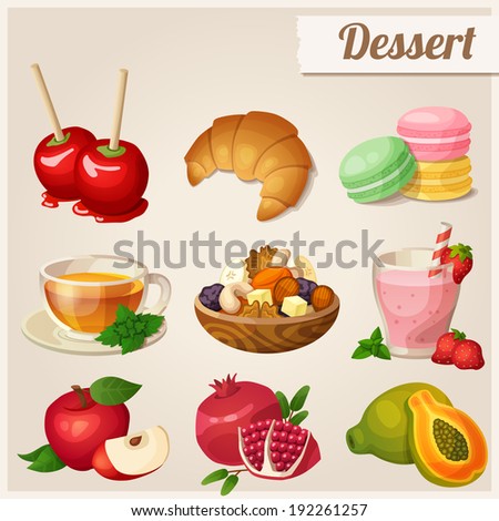 Set of different food icons. Dessert.  Red apple, pomegranate, glass of strawberry smoothie, papaya, dried fruits, toffee apples, croissant, macaroons, herbal tea Royalty-Free Stock Photo #192261257