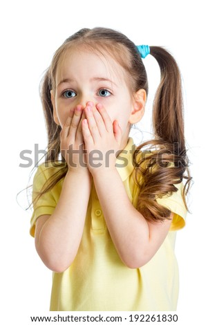 funny child girl with hands close to face isolated on white background