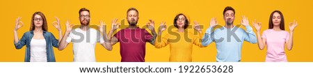 Collage of tranquil young people in casual clothes keeping hands in mudra gesture and meditating with eyes closed against yellow background