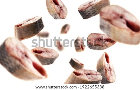 Pieces of fresh fish levitate on a white background