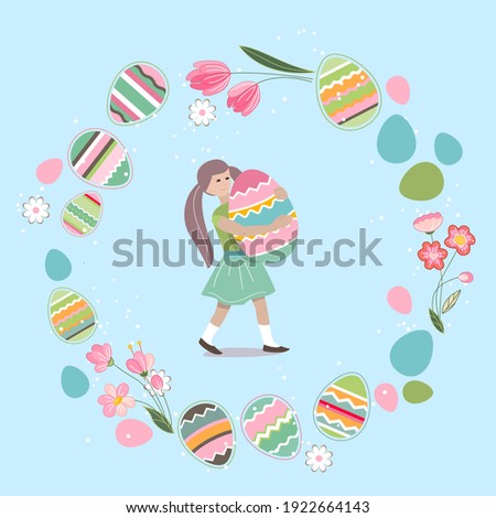 Young girl carrying big painted egg. Festive spring illustration can be used for Easter design templates.