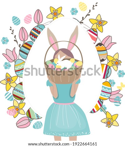Young girl standing with basket of painted eggs and white rabbit. Spring flowers around. Festive spring illustration can be used for Easter design templates.