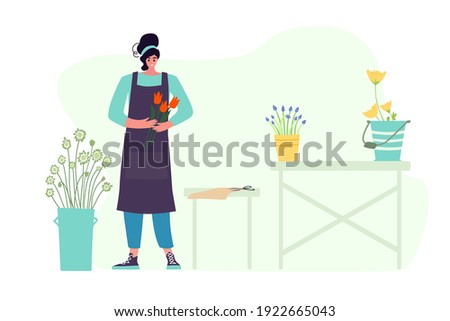 Woman compose bouquet on table. Forist shop or store.  Floristry handicraft on white. Flat vector cartoon isolated illustration Royalty-Free Stock Photo #1922665043