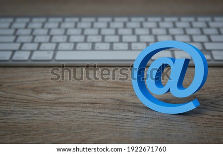 email address 3d icon on wooden table with modern computer keyboard, Business customer service and support online concept