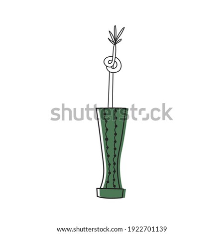 The cute green floral vase whith bamboo. Flat doodle illustration. Vector hand drawn elements. Printable for home decor, interior.