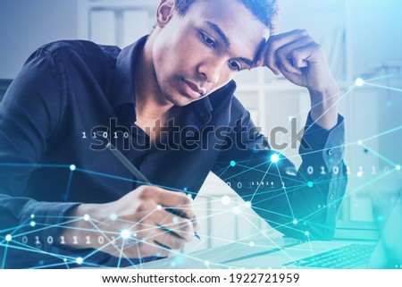 pondering African American business man or stock trader analyzing market data to make right decision buy or sell stock, double exposure graph, internet trading