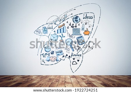 Set of icons, cosmic rocket shape, web network symbols, office parquet floor. Concept of product launch and web search with graph, diverse drawings