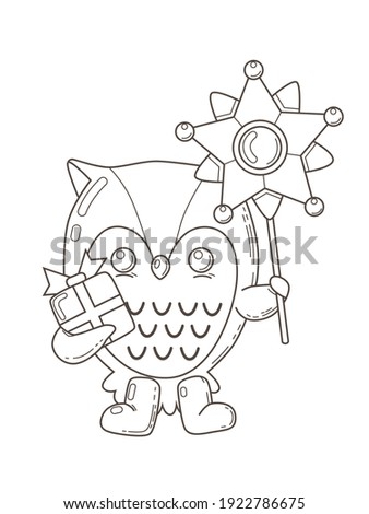 Hand drawn black outline cute little owl with christmas star and gift box isolated on a white background. Vector monochrome illustration for post card, poster, coloring book, graphik design.