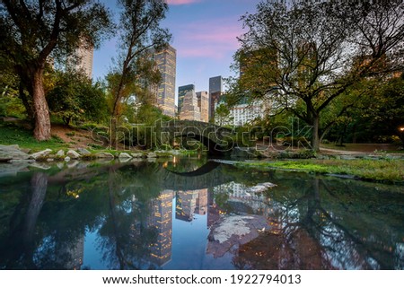Central Park and Manhattan city Skyline in New York City USA at sunset