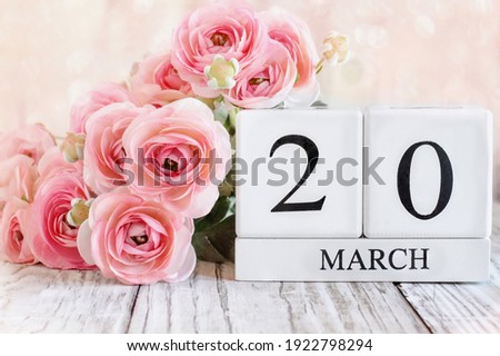 White wood calendar blocks with the date March 20th for the first day of spring or the International Earth Day, pink ranunculus flowers over a wooden table. Selective focus with blurred background