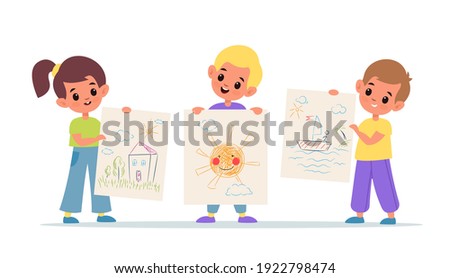 Kids show drawings. Children arts presentation, colourful doodles on paper sheets, girl and boys hold their painting works. School and kindergarten exhibition vector flat cartoon isolated concept