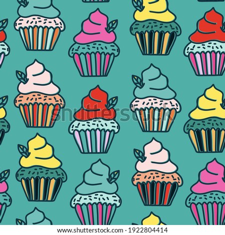 A seamless pattern with hand drawn cakes in an unusual, bright color combination. Modern vector illustration. The concept of cafes and pastry shops. The objects are uncut, the pattern is isolated from