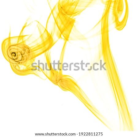 Abstract swirling movement of yellow smoke moving on white background. Steam fire design