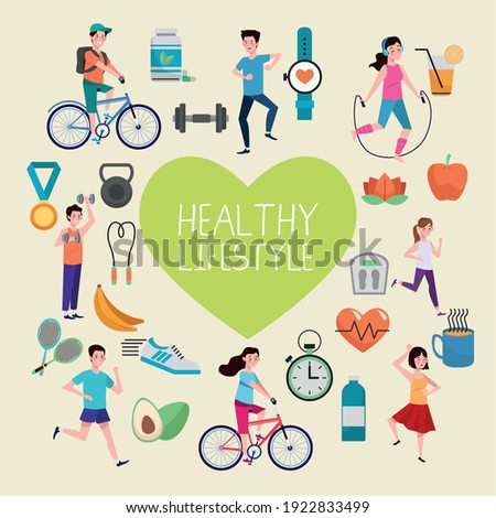 heart with healthy lifestyle set icons vector illustration design
