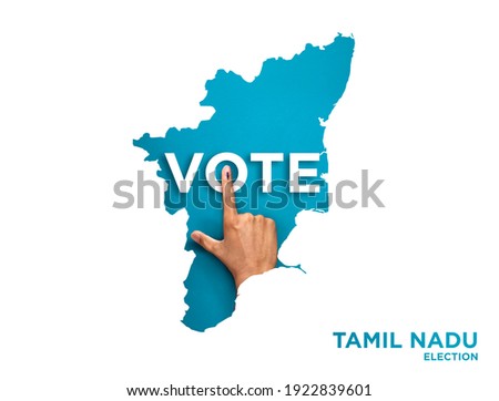VOTE FOR INDIA TAMIL NADU, male Indian Voter Hand with voting sign or ink pointing out , Voting sign on finger tip Indian Voting on blue background Royalty-Free Stock Photo #1922839601