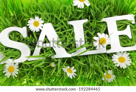 Grass with flowers and white text Sale on it 