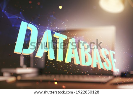 Double exposure of Database word sign on laptop background, global research and analytics concept