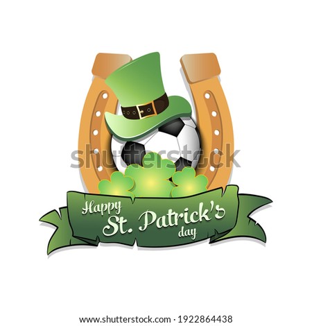 Happy St. Patricks day. Horseshoe, clovers and soccer ball in leprechaun hat on an isolated background. Pattern for greeting card, logo, banner, poster, party invitation. Vector illustration