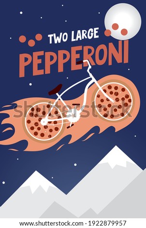 a poster called "two pepperoni" is perfect as an illustration for an action in your pizzeria. A fire bike on two pizzas rushes across the sky