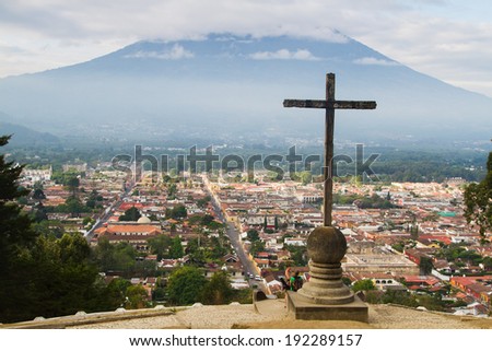 View from Cerro de la Cruz in Antigua, Guatemala, Central America. Antigua is former capital which was moved to Guatemala City after earthquake. Royalty-Free Stock Photo #192289157