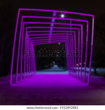 Tunnel of neon squares. Night blurred background