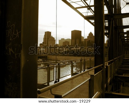 Picture of montreal skyline from a metal structure/platform located