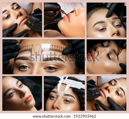 Permanent makeup collage: closeup photos of permanent pigment applying in woman's face