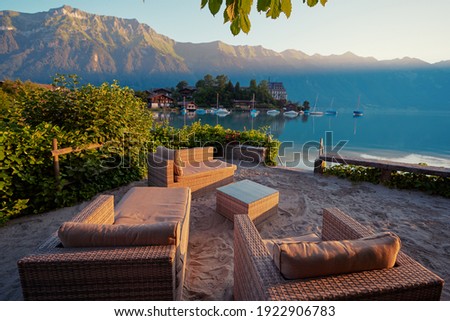Lounge place on the bay of Brienz lake, Switzerland.